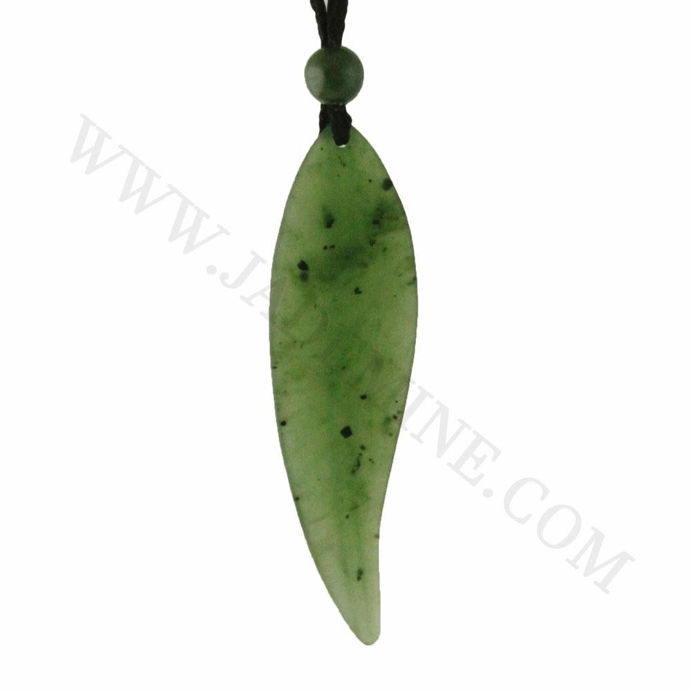 Green jade leaf pendant on a black cord with a small round bead above