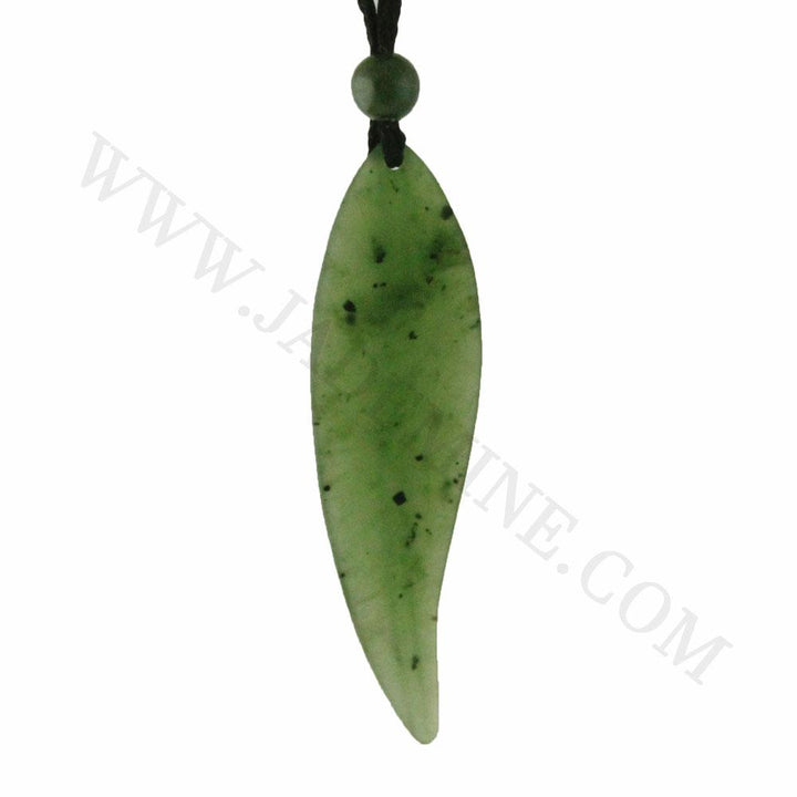 Green jade leaf pendant on a black cord with a small round bead above