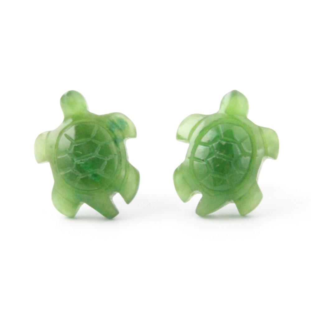 Back view of green turtle shaped earrings showing posts and butterfly backs