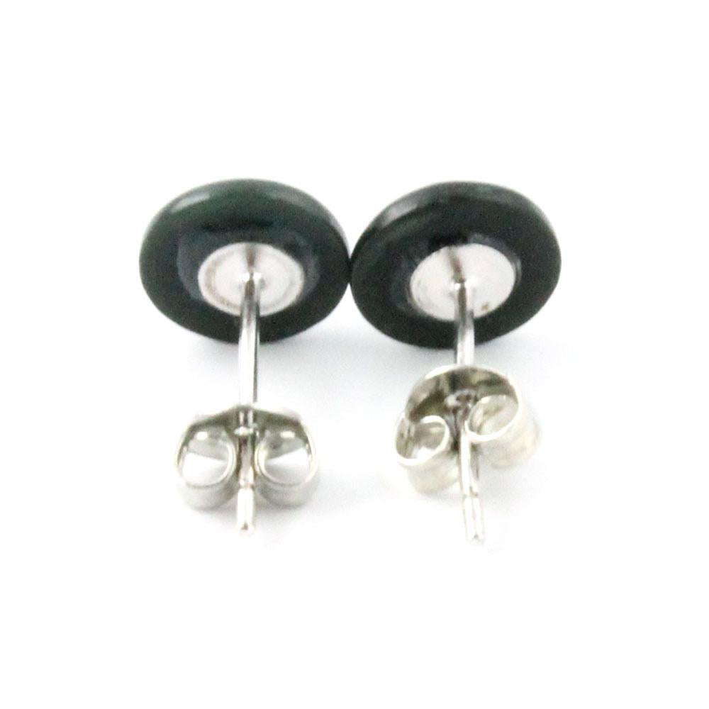 Back view of black jade stud earrings with silver posts and butterfly backs