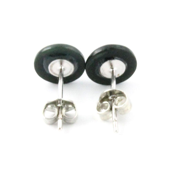 Back view of black jade stud earrings with silver posts and butterfly backs