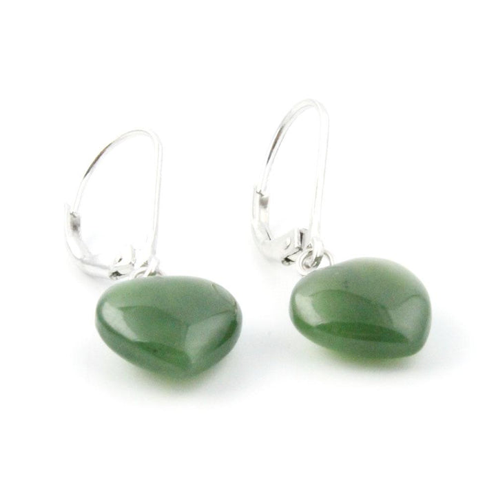 Jade heart earrings with silver leverback hooks and glossy green hearts.