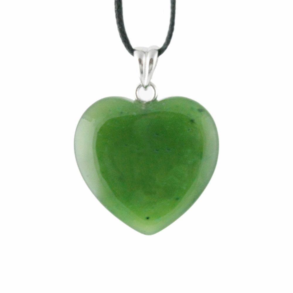 Close up of green heart shaped pendant on black cord with a silver bail