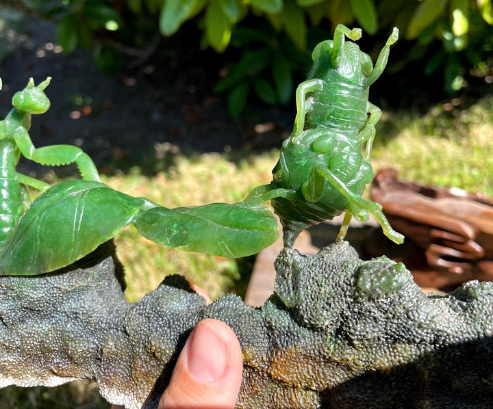 Green jade praying mantis carving with two mantises perched on a rough rock base mounted on a wooden stand