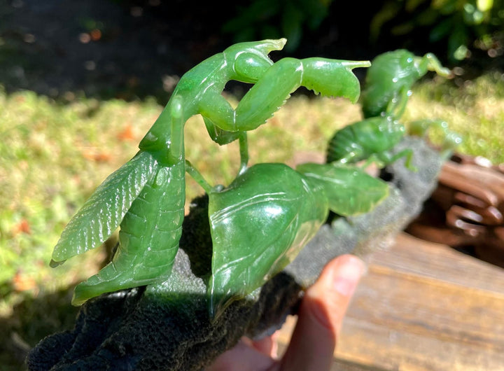 Green jade praying mantis carving perched on a textured rock base