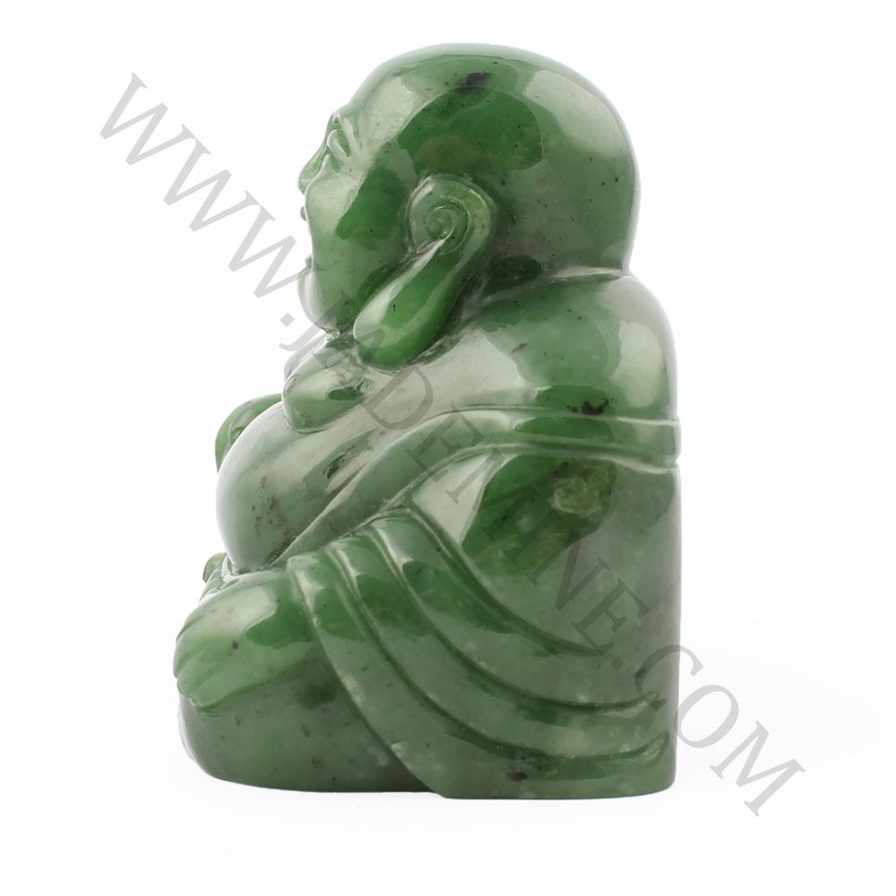 Green jade Laughing Buddha statue seated and smiling.