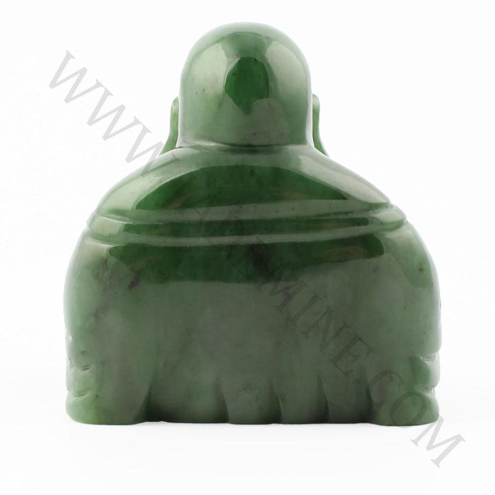 Rear view of a green jade Laughing Buddha statue showing a rounded back and base
