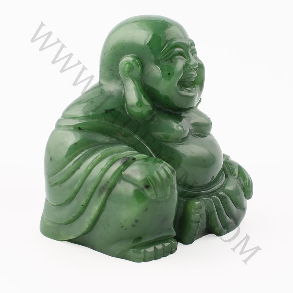 Profile view of green jade Laughing Buddha with flowing robes.