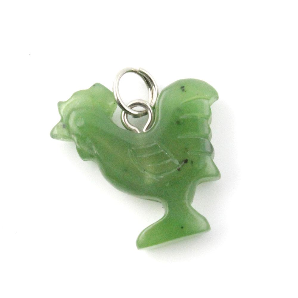 Green jade rooster charm pendant with a metal loop for necklace attachment