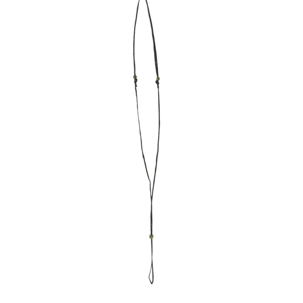 Long black wax cord necklace with green jade beads spaced along and a looped end