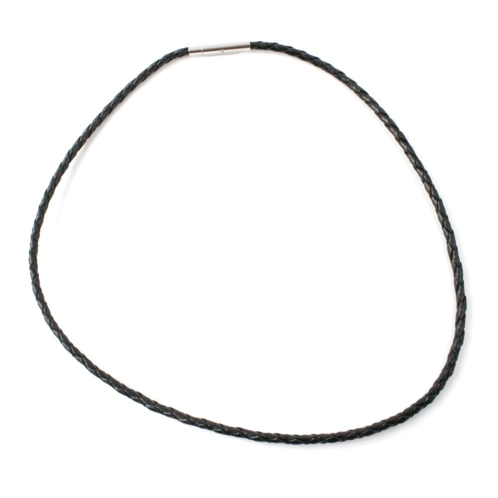 Black braided leather cord necklace with silver clasp
