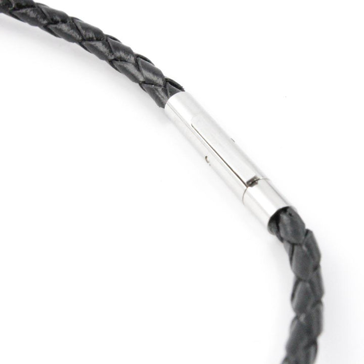Black braided leather cord with a silver cylindrical clasp