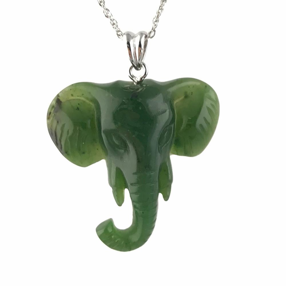 Green jade elephant on a silver chain, white background