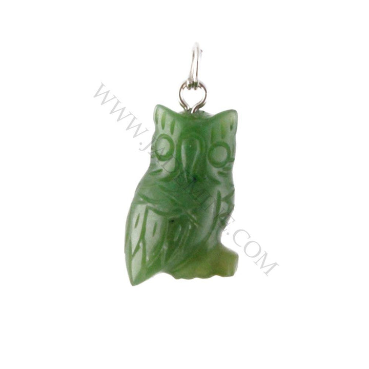 Green jade owl charm pendant with a silver bail on a white background
