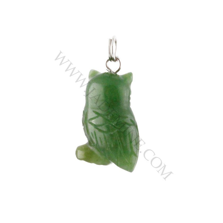 Green jade owl charm pendant with a silver bail