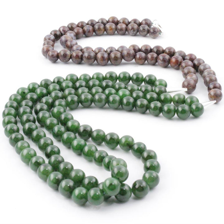 Green jade and purple pietersite beaded necklace with round stones.