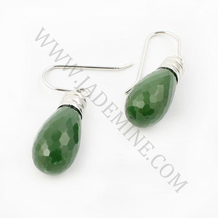 Pair of green teardrop faceted gemstone earrings with silver caps and ear wires