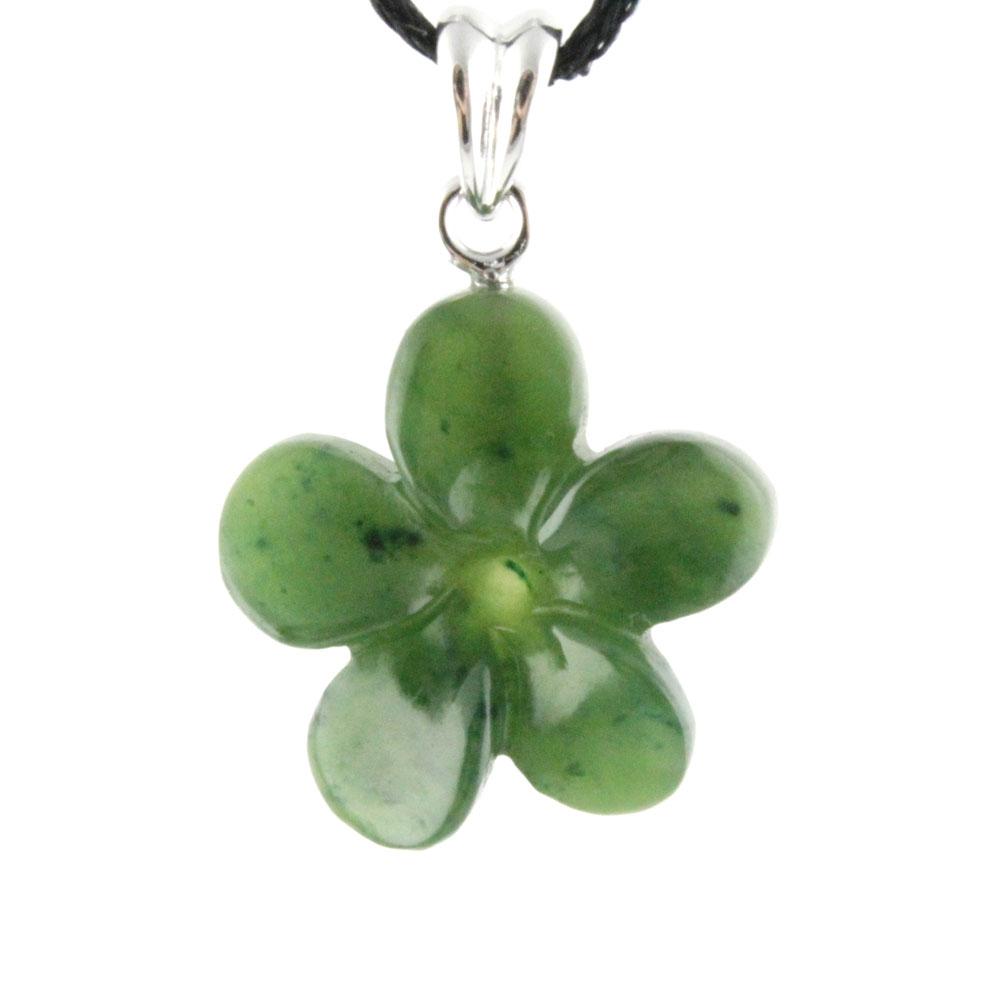 Green jade Forget-Me-Knot flower pendant with five rounded petals on a silver bail and black cord
