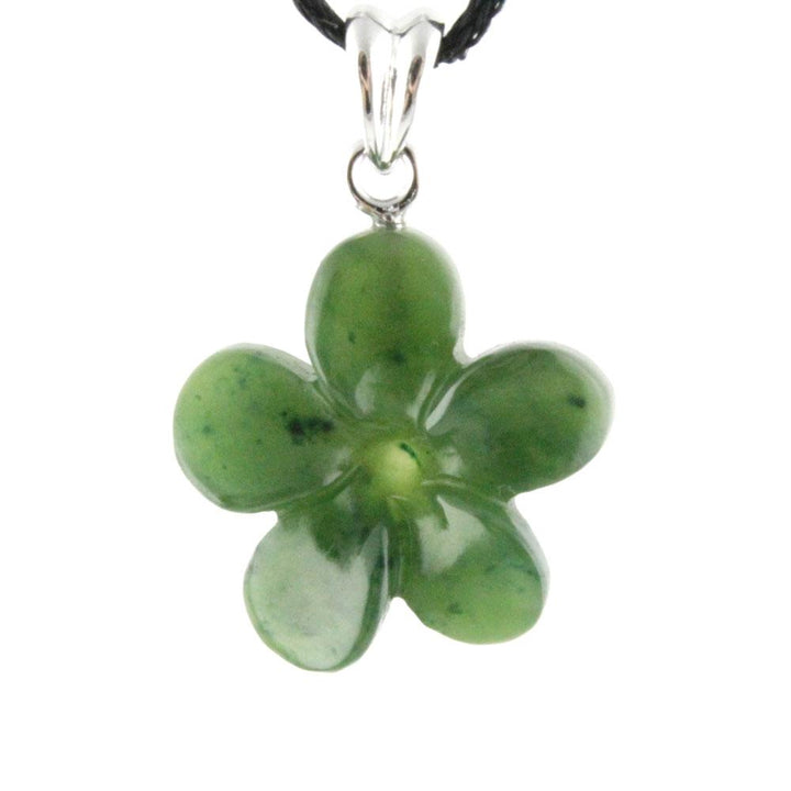 Green jade Forget-Me-Knot flower pendant with five rounded petals on a silver bail and black cord