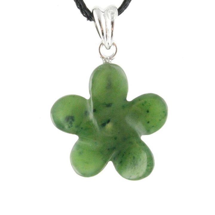 Front-facing green jade flower pendant with five petals on a silver bail and black cord