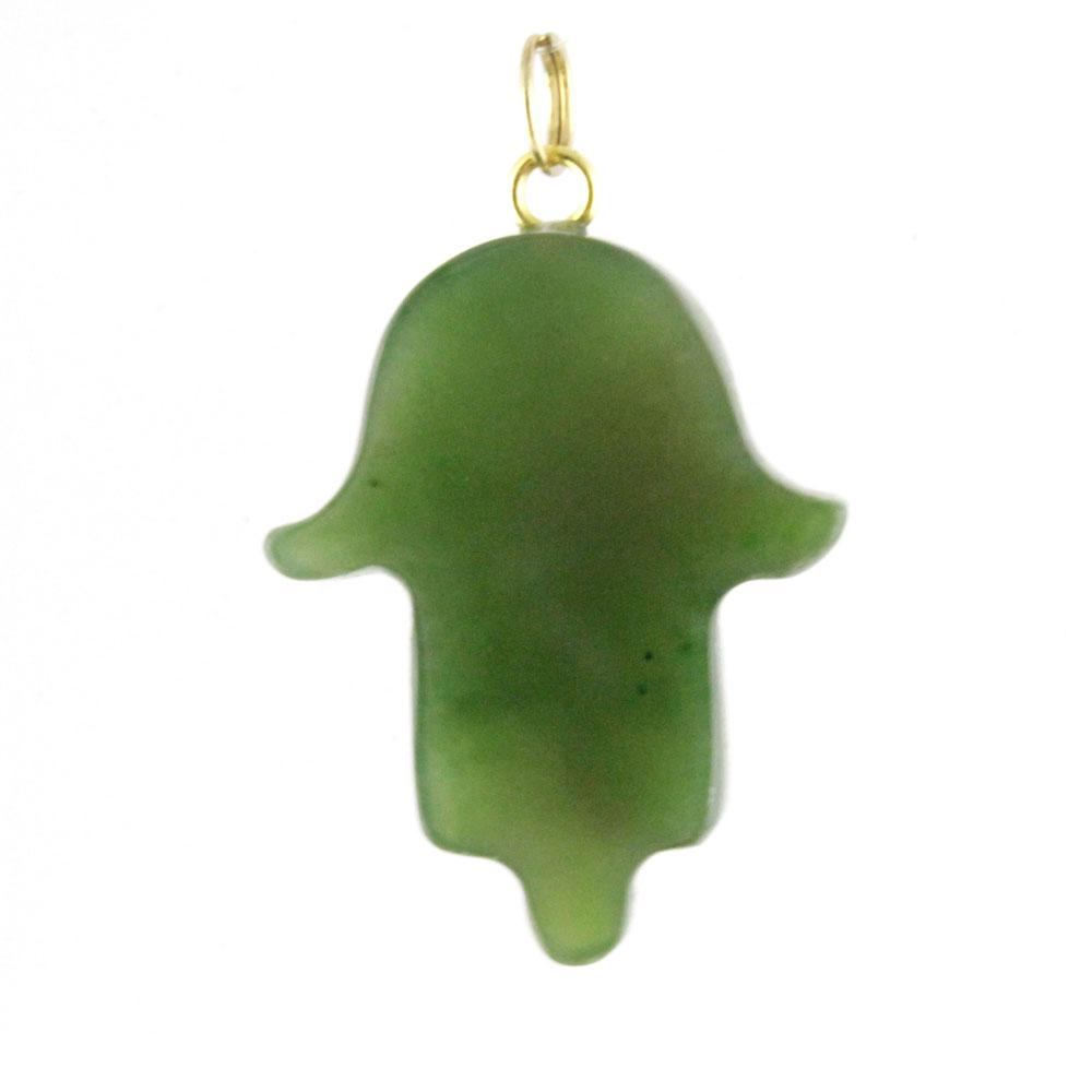 Translucent green Hamsa hand pendant with a gold bail.