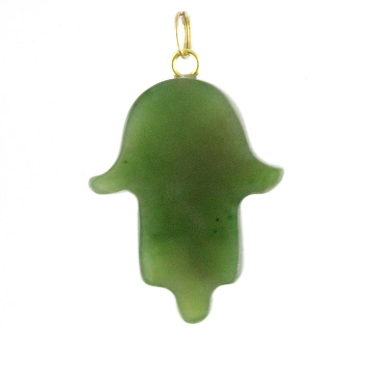 Translucent green Hamsa hand pendant with a gold bail.