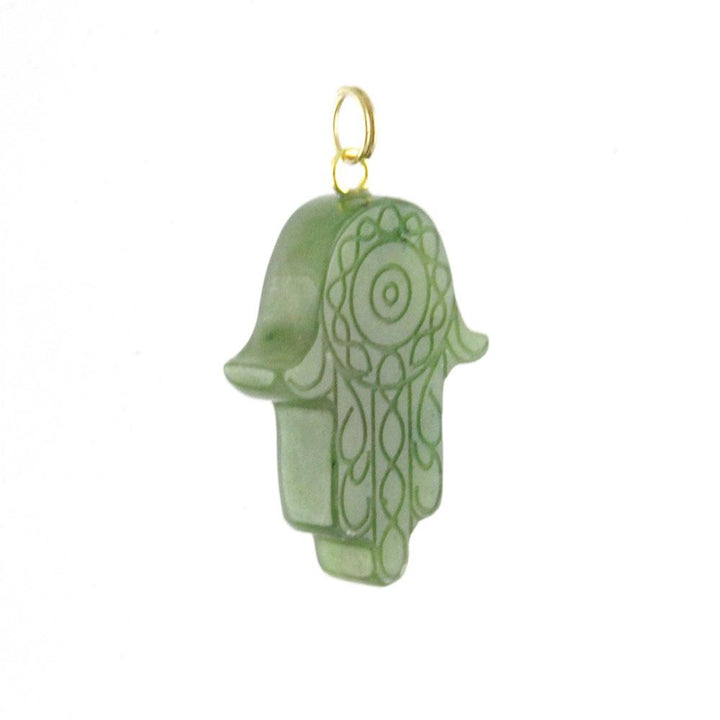 Green Hamsa hand pendant with intricate etched design and gold bail.
