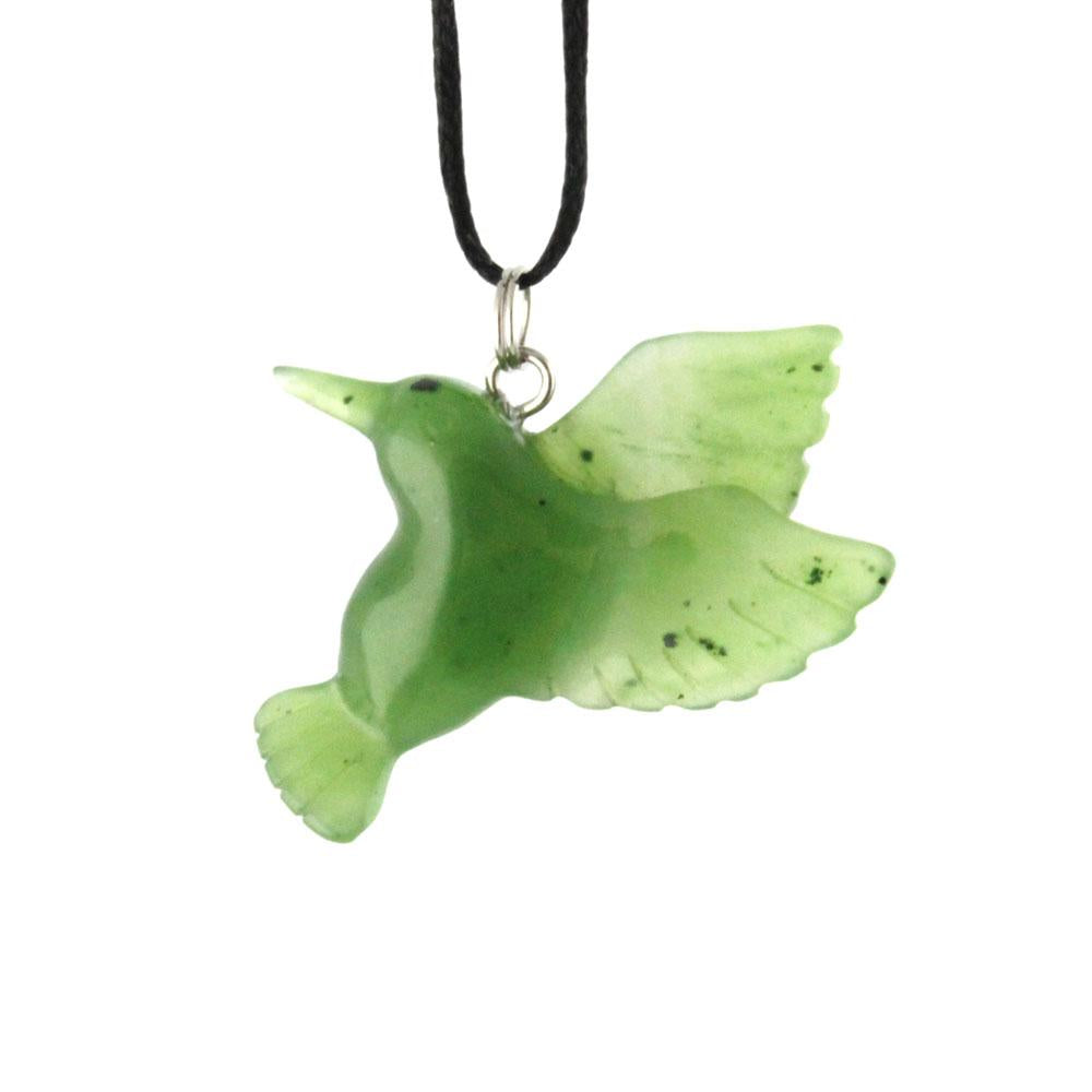 Green jade hummingbird pendant suspended on a black cord with a silver loop