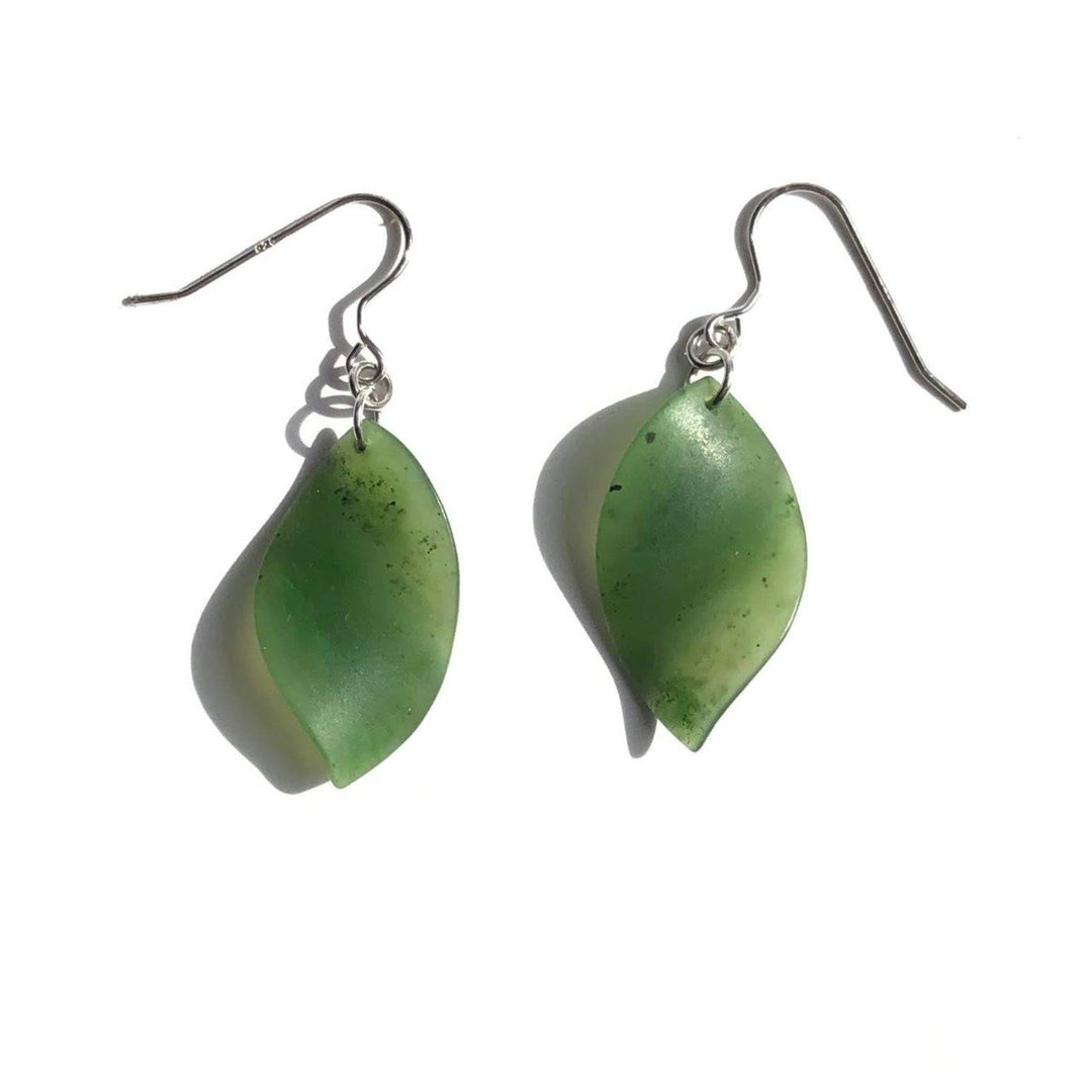 Pair of green jade leaf earrings with silver hooks