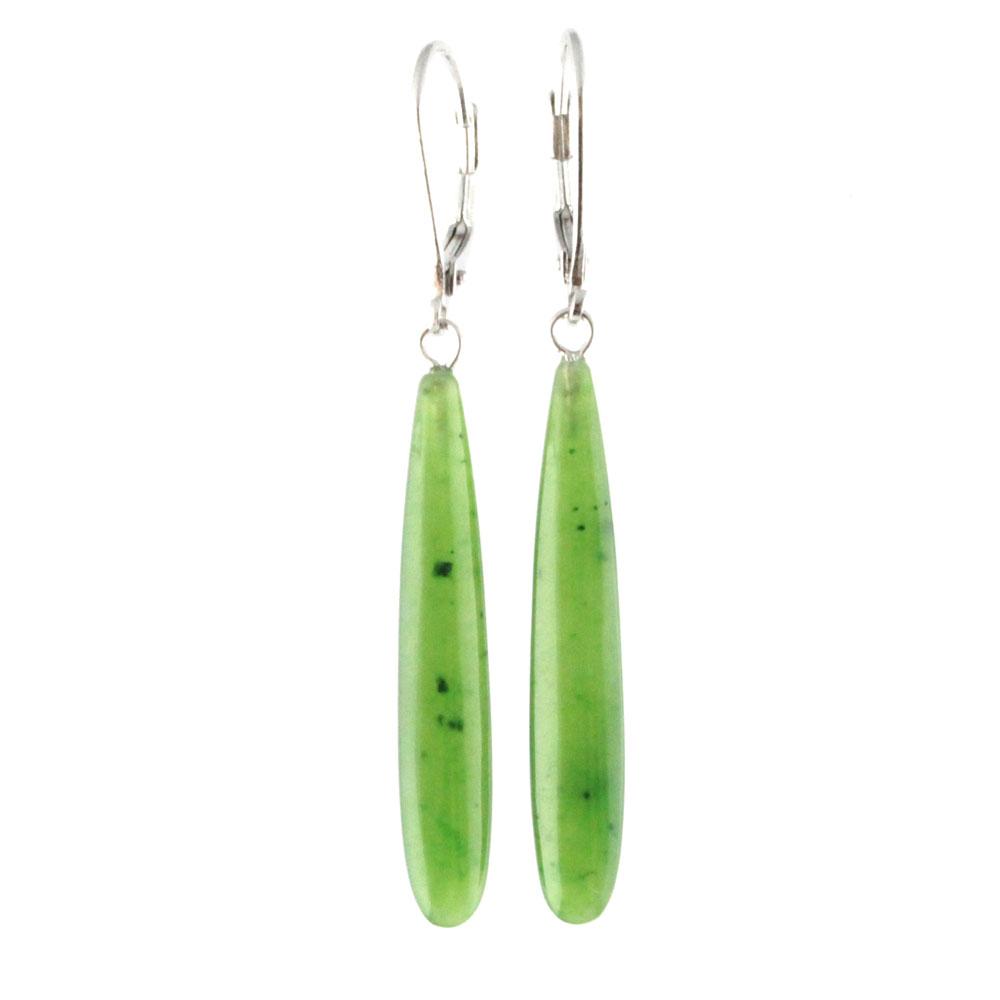 Pair of long green jade earrings with silver leverback hooks