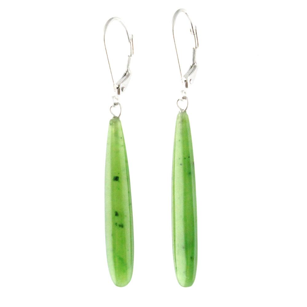 Two long green jade drop earrings with silver leverback clasps
