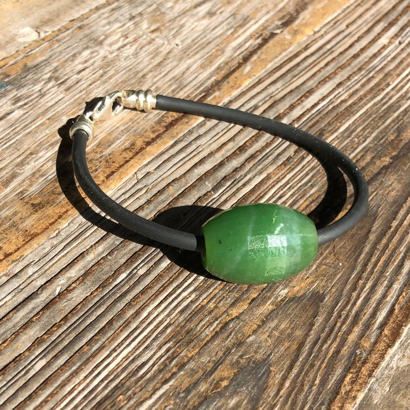 Faceted Jade Bead on Rubber Cord Bracelet with Threaded Sterling Silver End Cap