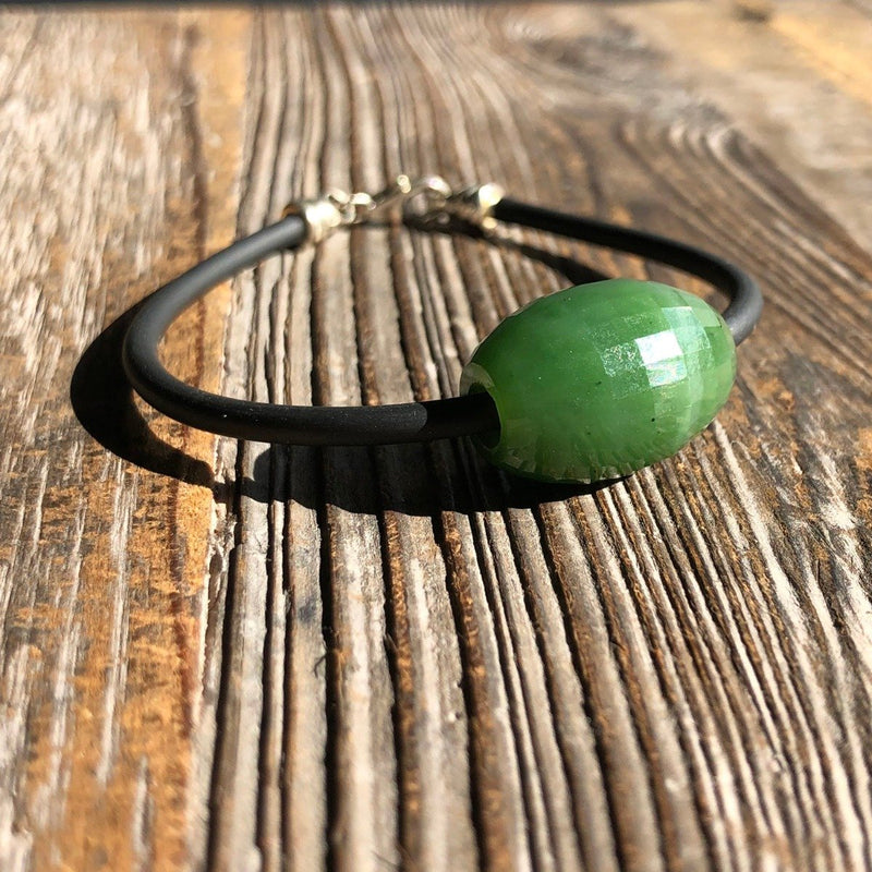 Faceted Jade Bead on Rubber Cord Bracelet with Threaded Sterling Silver End Cap