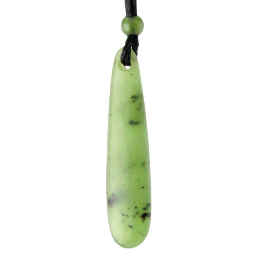 Pale green jade drop pendant with top hole against a white background