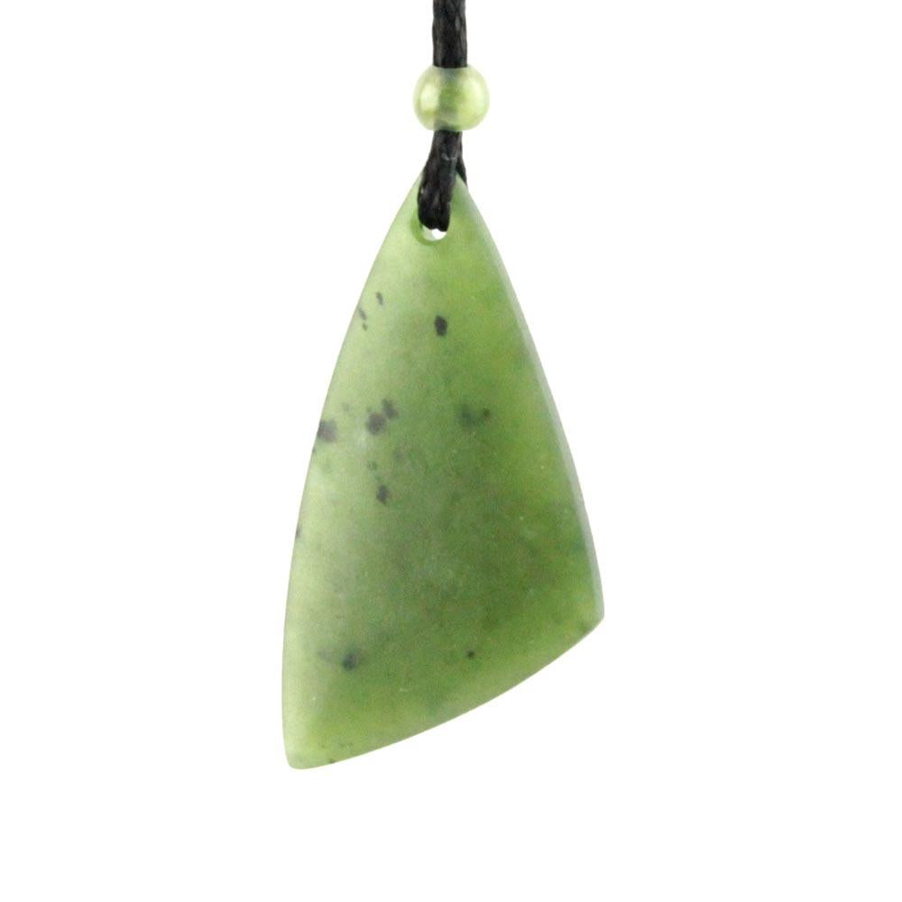 Green jade teardrop pendant on black cord with a small round bead at the top.
