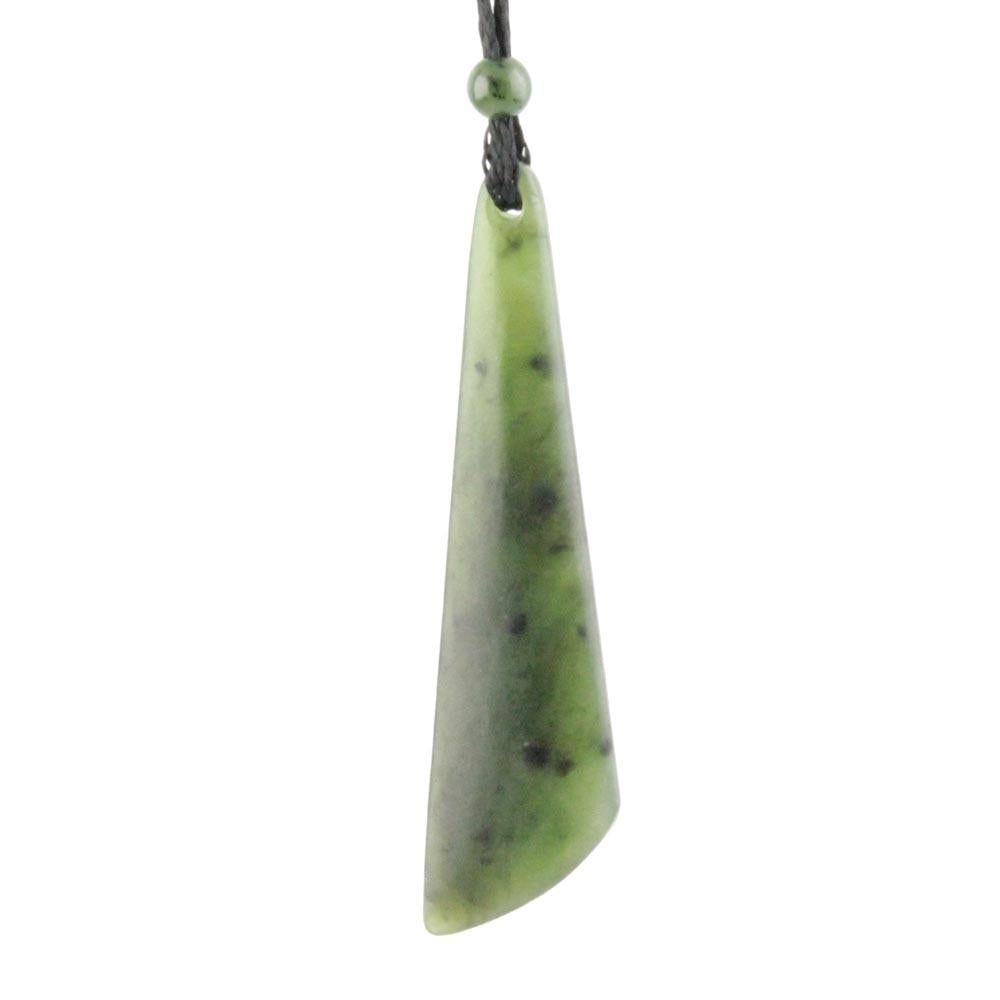 Elongated triangular green jade pendant on a black cord with a matching bead