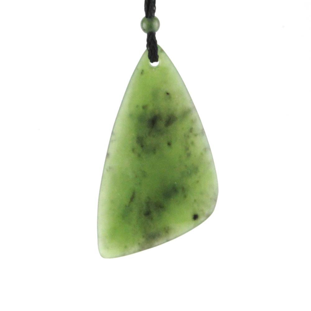 Pale green jade pendant shaped like a leaf with a small hole at the top, hanging on a black cord with a green bead.