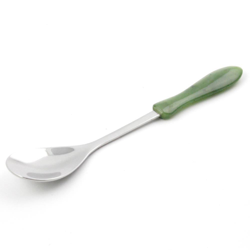 Jade sugar spoon with a green jade handle and a polished stainless steel bowl shown diagonally
