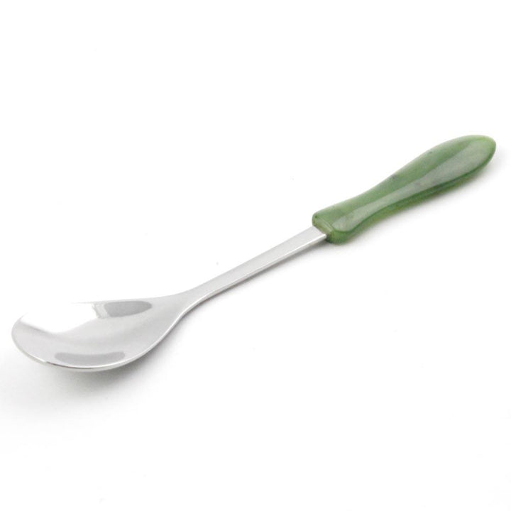 Jade sugar spoon with a green jade handle and a polished stainless steel bowl shown diagonally