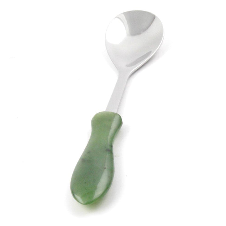 Sugar spoon with a glossy stainless bowl and a green jade handle.