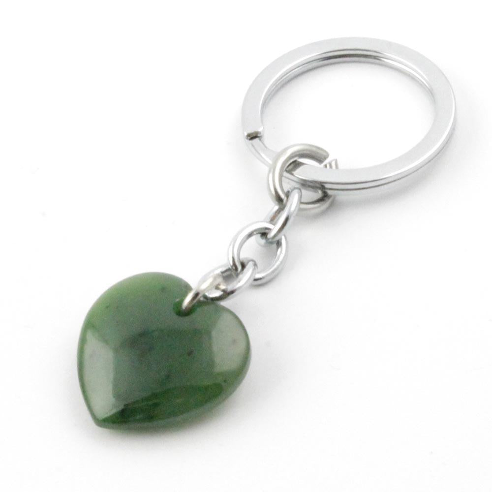 Green jade heart pendant on a silver key ring.