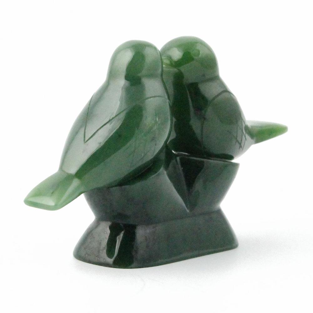 Green jade lovebird pair sculpture perched together