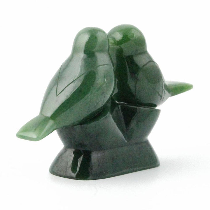 Green jade lovebird pair sculpture perched together