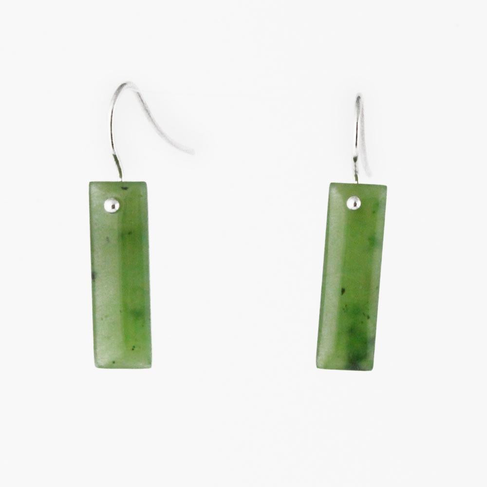 Rectangular green jade earrings with silver ear hooks