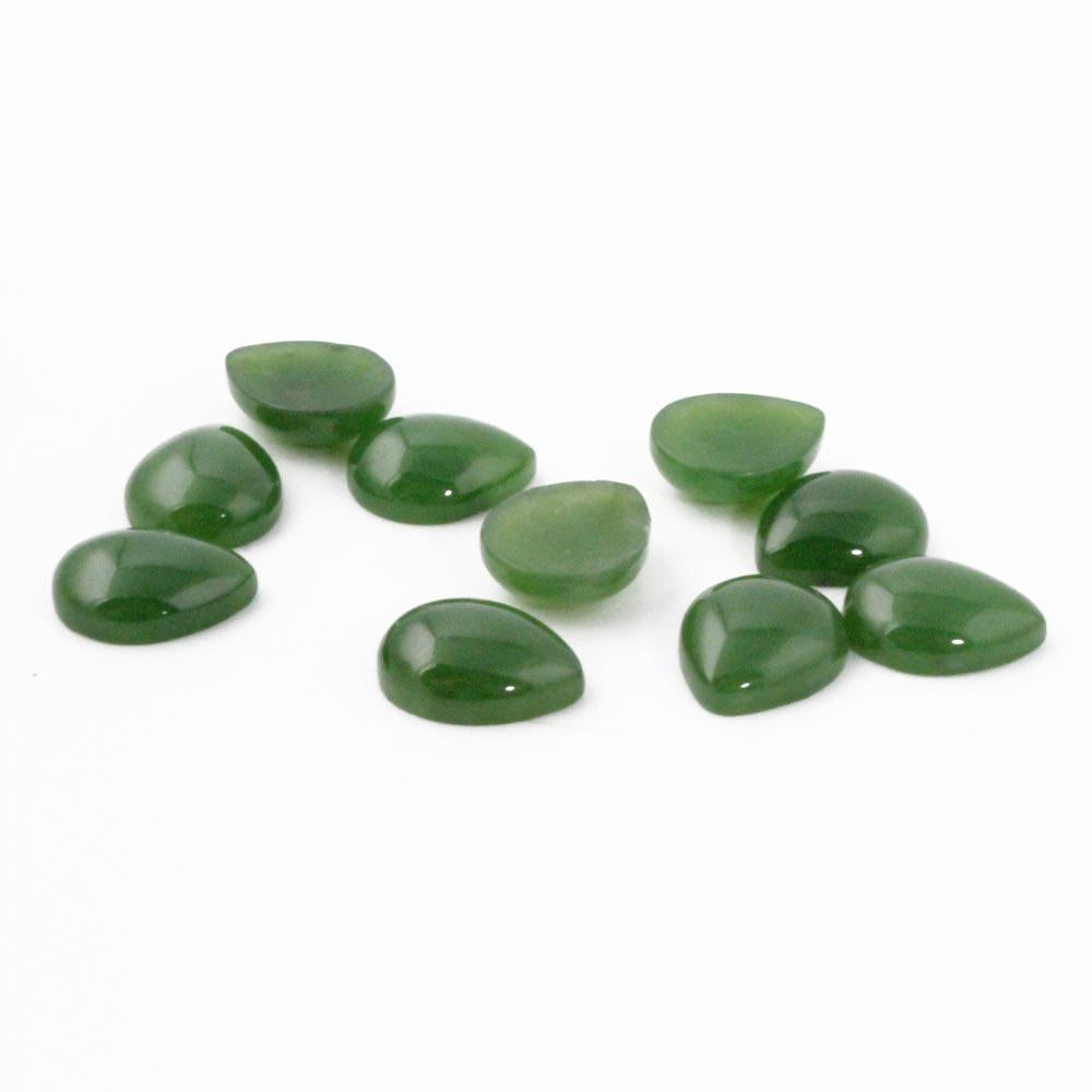 Group of green pear shaped cabochons 9x11mm arranged on white background