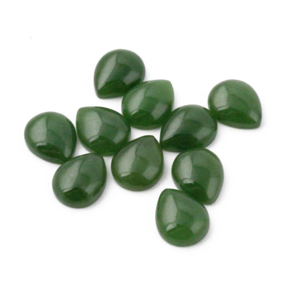 Cluster of green pear shaped cabochons 9x11mm scattered on white background
