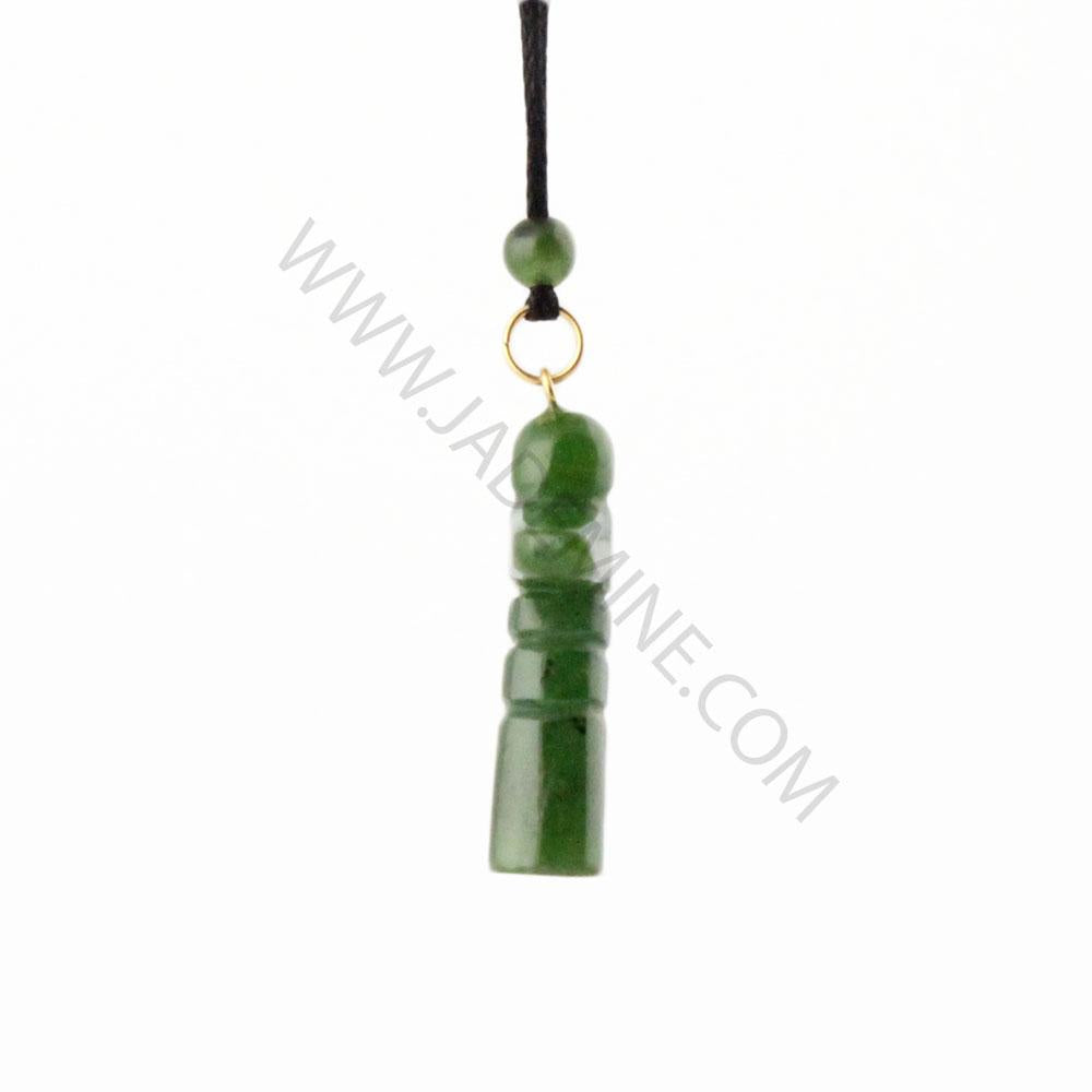 Green jade Inukshuk pendant on a black cord with a small bead and gold loop