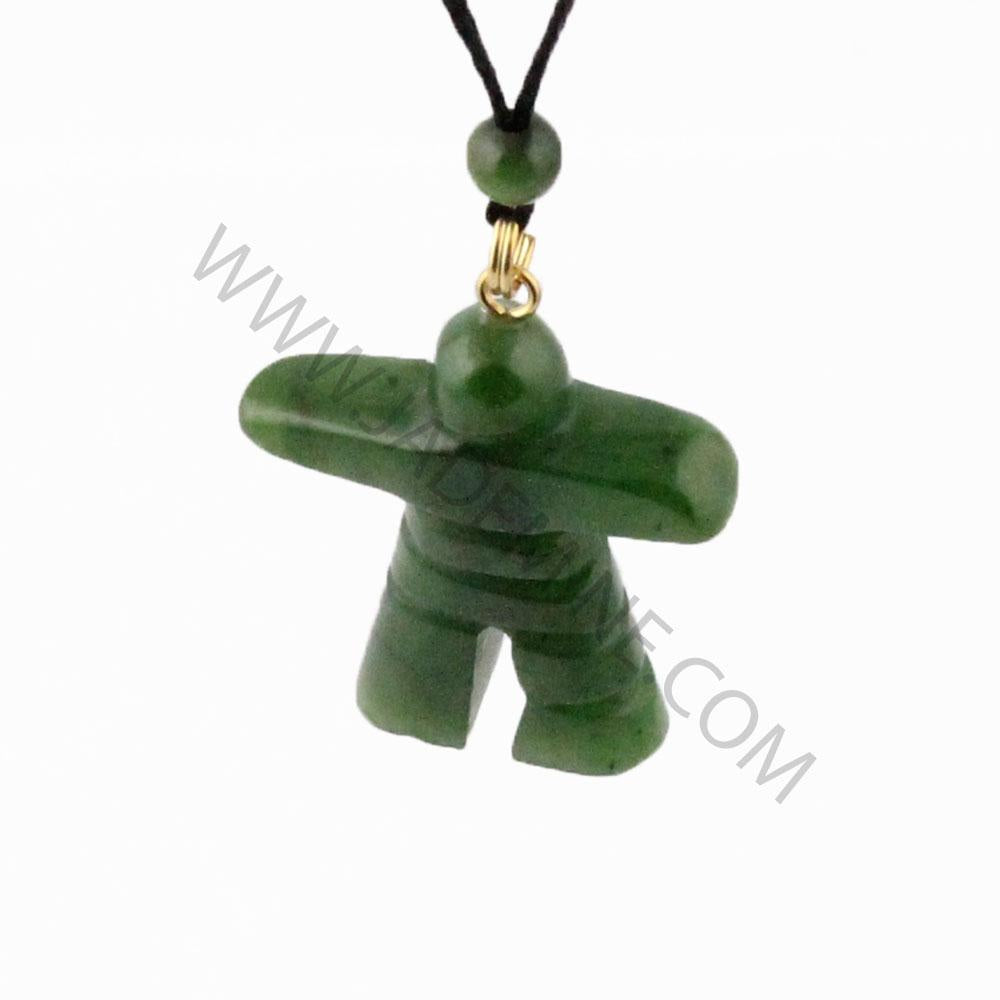 Green inukshuk pendant hanging from a black cord with bead