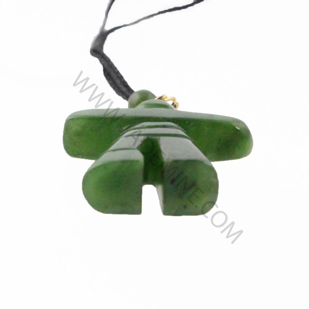 Front view of green jade Inukshuk pendant hanging from a black cord