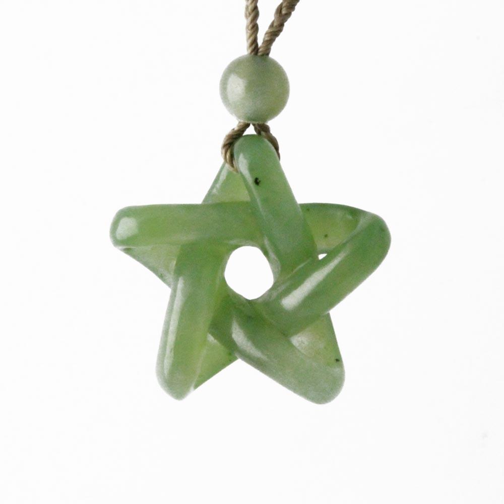 Pale green jade star pendant 25mm on a brown cord